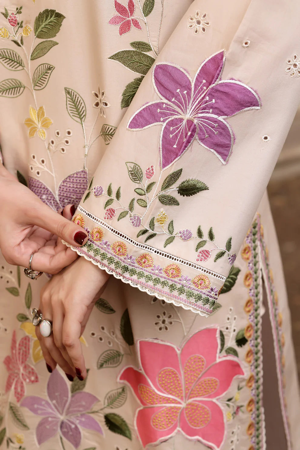 Multi Flower Embroidered Cotton 3 Piece Suit – Elegant Stitched Summer Dress T