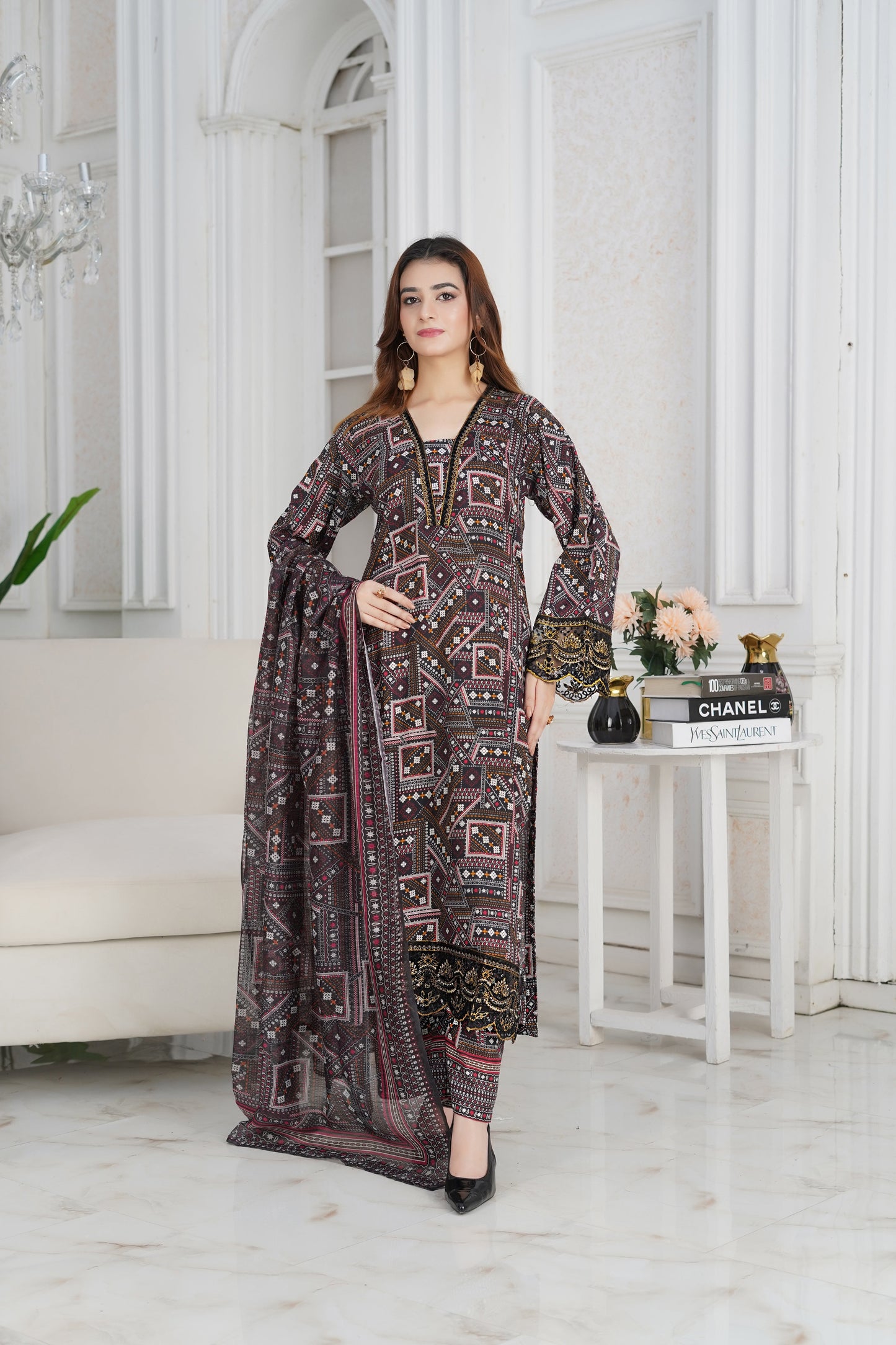 Pastel Peach 3-Piece Cotton Lawn Suit with Embroidery & Organza Dupatta H