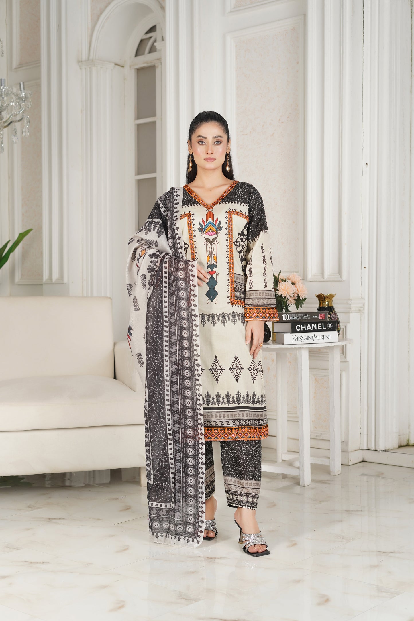 Pastel Peach 3-Piece Cotton Lawn Suit with Embroidery H