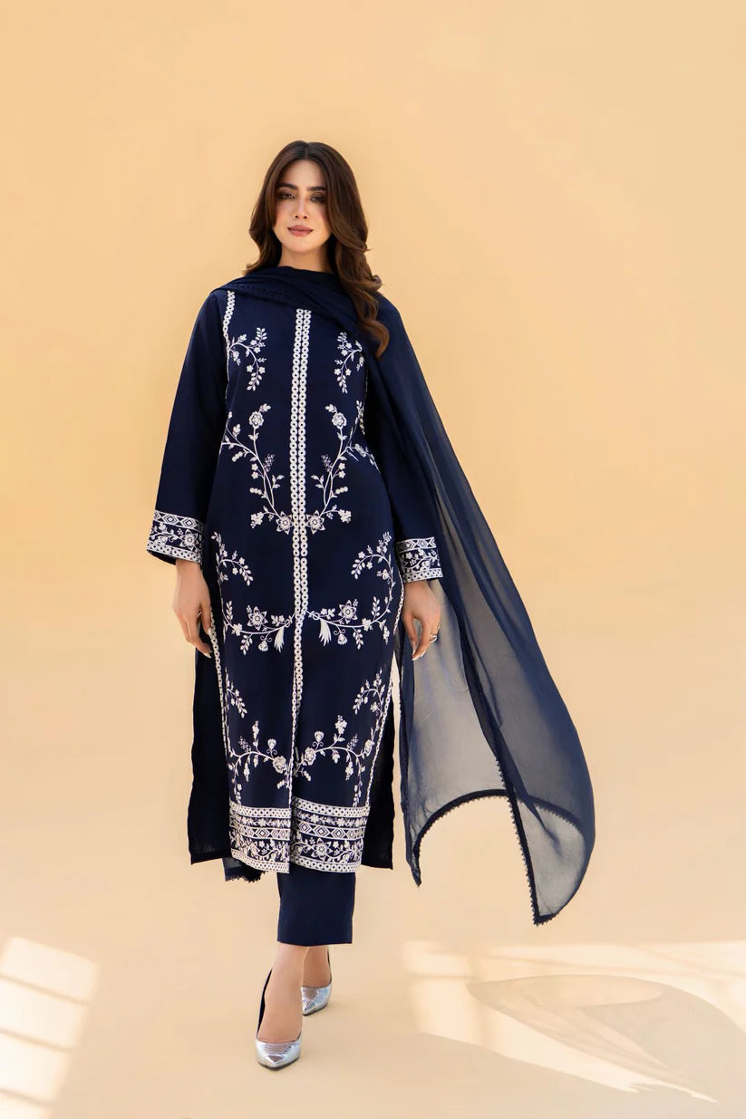 Navy Cut Stylish Embroidery 3PCS Summer Lawn Dress T