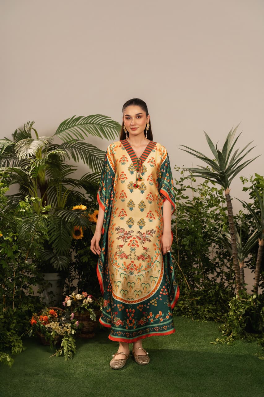 Luxury Printed Kaftan for Women – Soft Silk Feel, Elegant Floral Design, Festive & Casual Wear PL