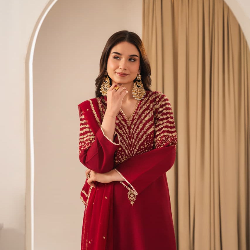 Luxury Maroon 3-Piece Suit with Peacock Embroidery PL