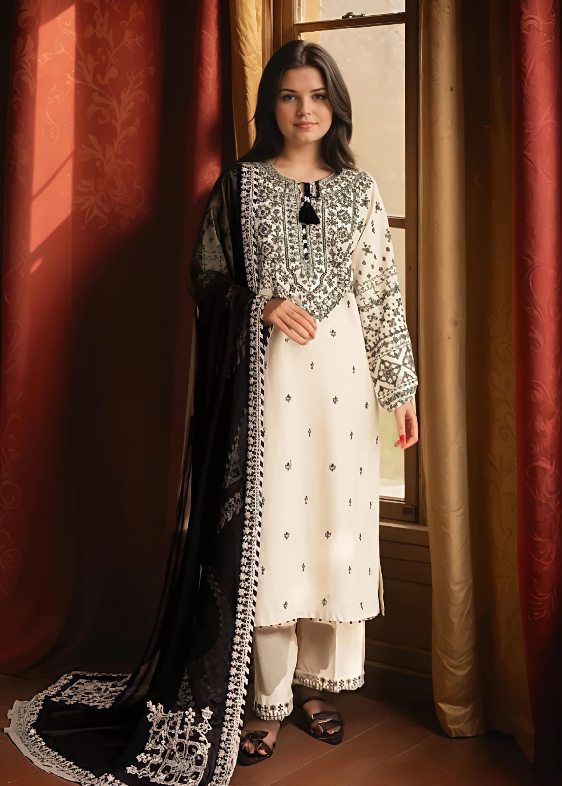 Cream Embroidered 3 Piece Cotton Kurta Set for Women