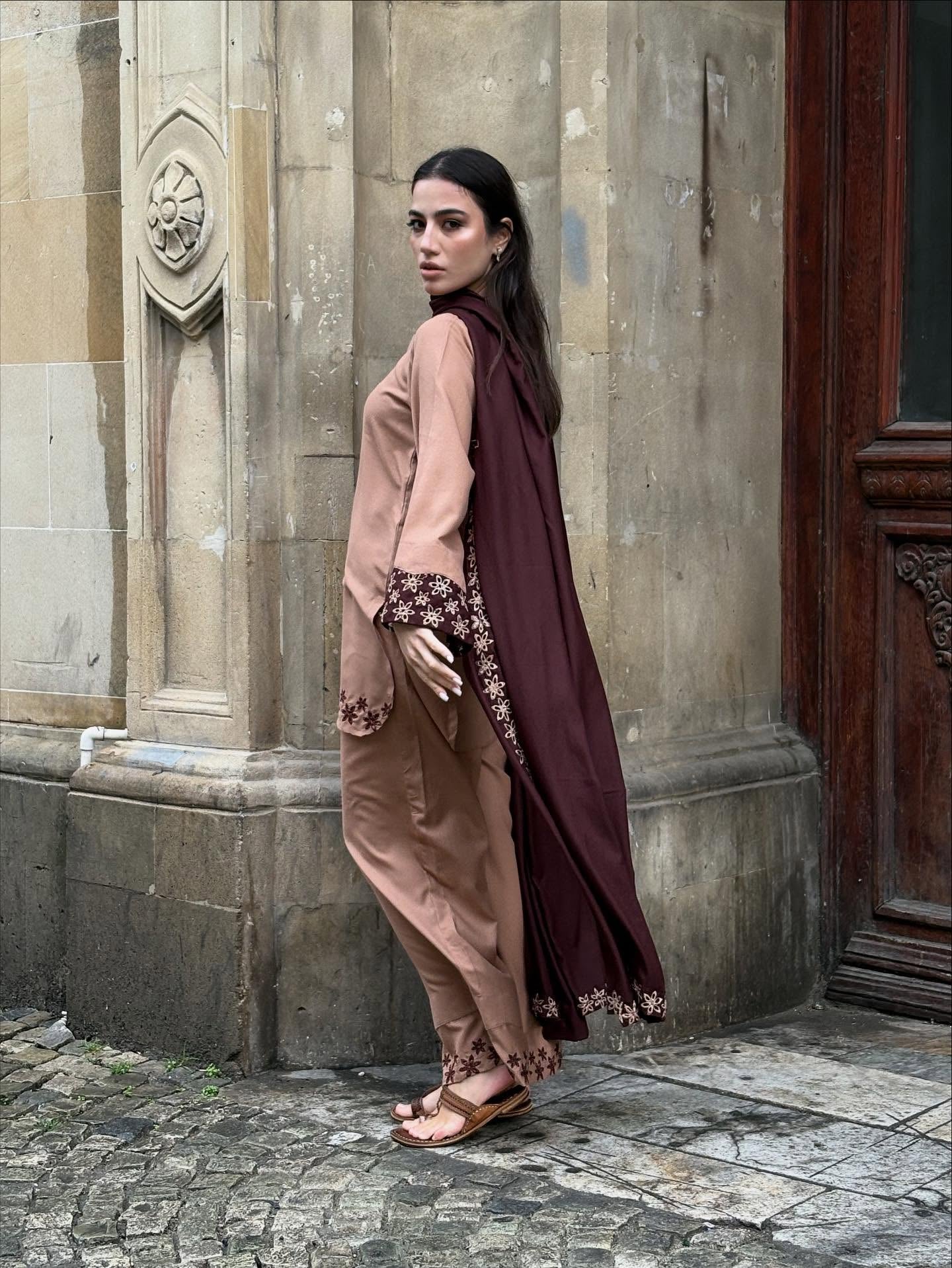 Luxury Caramel Emb 3PC Dress (Stitched) AD