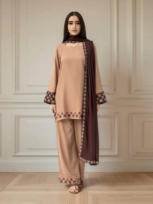 Luxury Caramel EMB 3PC Dress Stitched