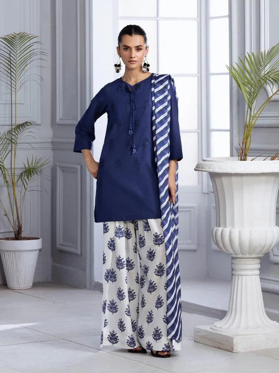 Blue Bloom – Luxury Embroidered 3-Piece Lawn Set with Digital Flaper| Ad
