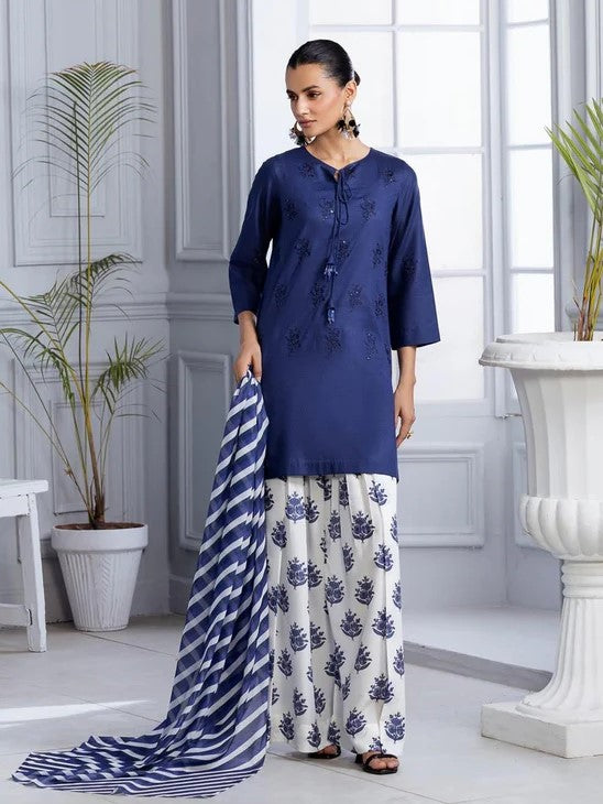 Blue Bloom – Luxury Embroidered 3-Piece Lawn Set with Digital Flaper| Ad