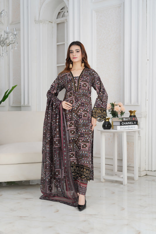 Pastel Peach 3-Piece Cotton Lawn Suit with Embroidery & Organza Dupatta H