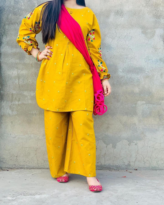 CARAMEL STICHED PLAZO 3PC