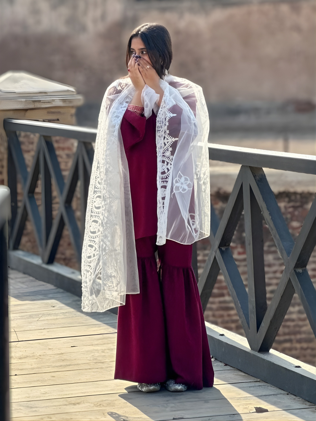 Noor-e-Maroon Embroidered 3 Piece Suit with Organza Dupatta AD