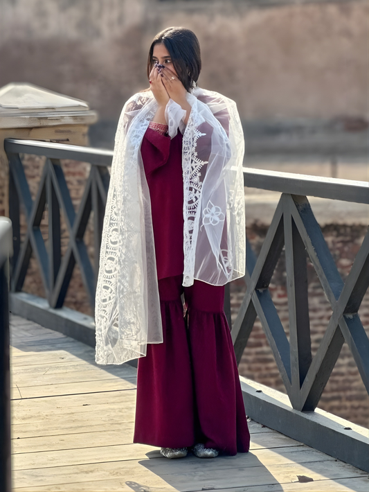 Noor-e-Maroon Embroidered 3 Piece Suit with Organza Dupatta AD
