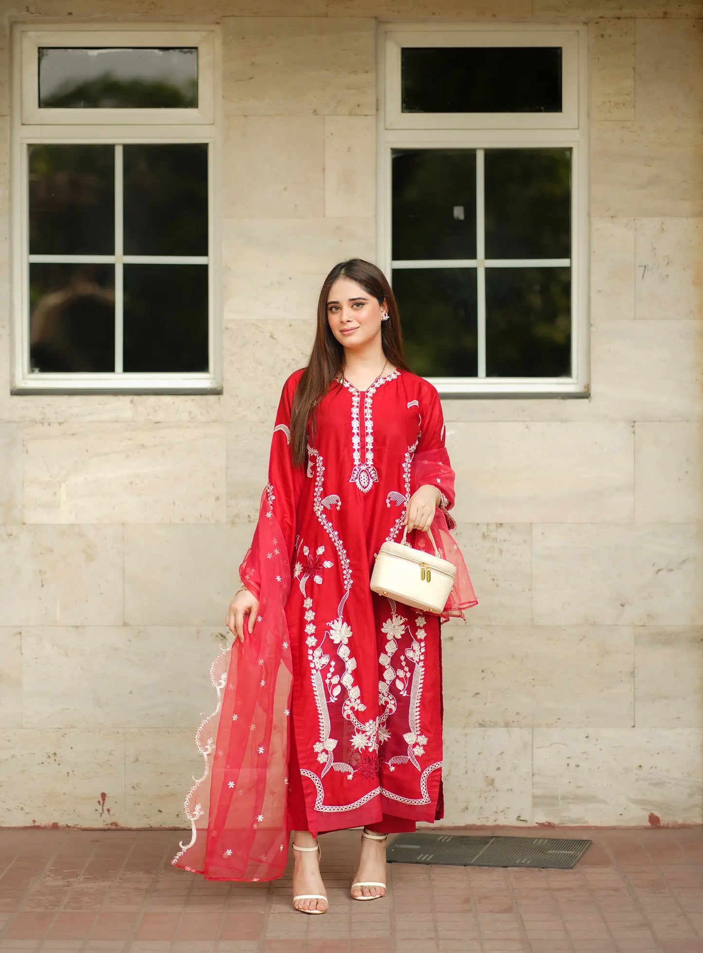 Red 3 Piece Suit Fabric: Premium Cotton ✨ Intricate Embroidery Work ✨ Long Graceful Shirt ✨