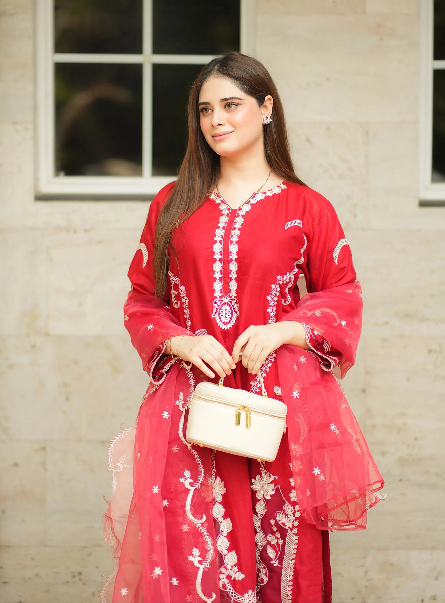 Red 3 Piece Suit Fabric: Premium Cotton ✨ Intricate Embroidery Work ✨ Long Graceful Shirt ✨