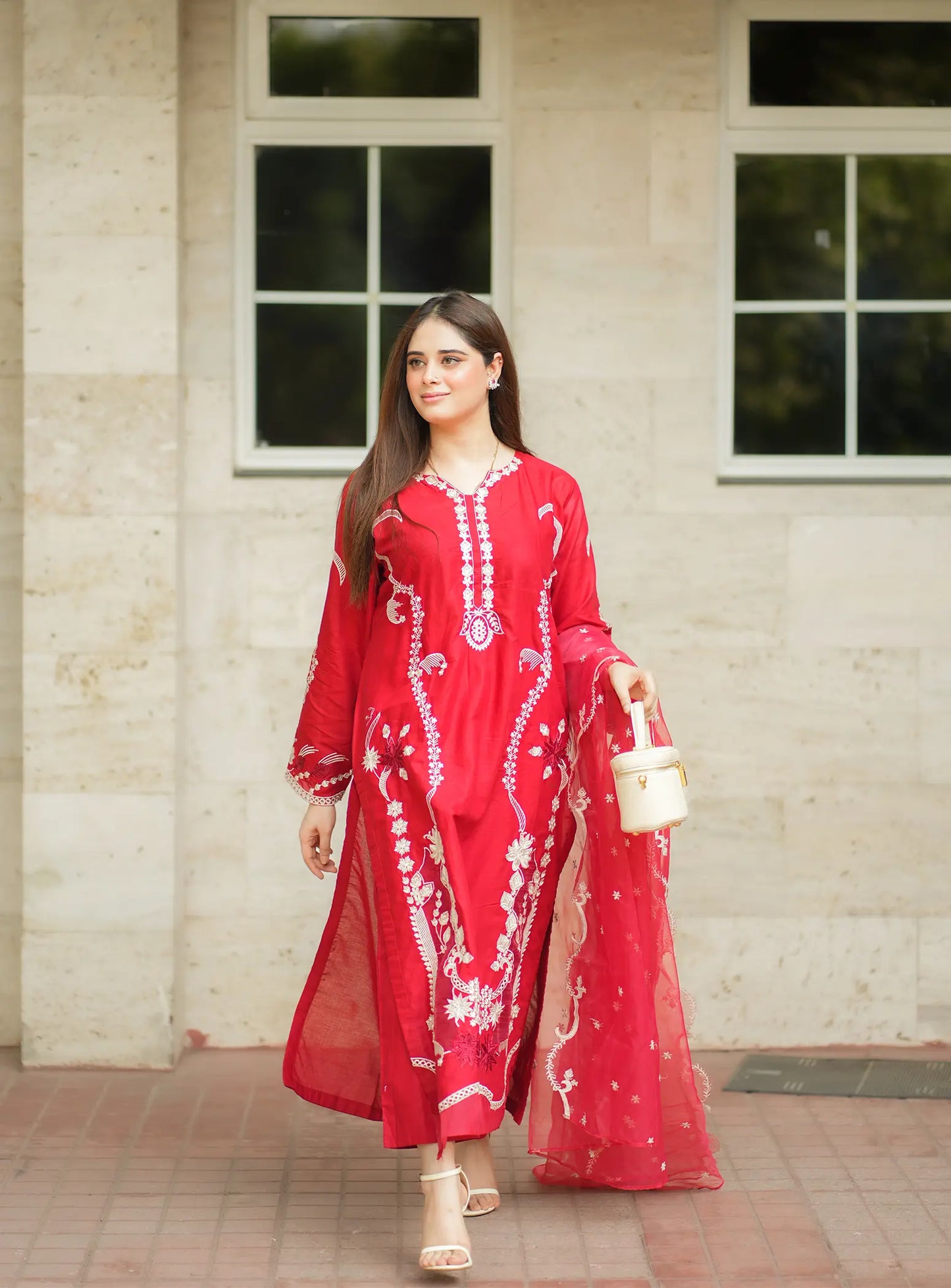 Red 3 Piece Suit Fabric: Premium Cotton ✨ Intricate Embroidery Work ✨ Long Graceful Shirt ✨