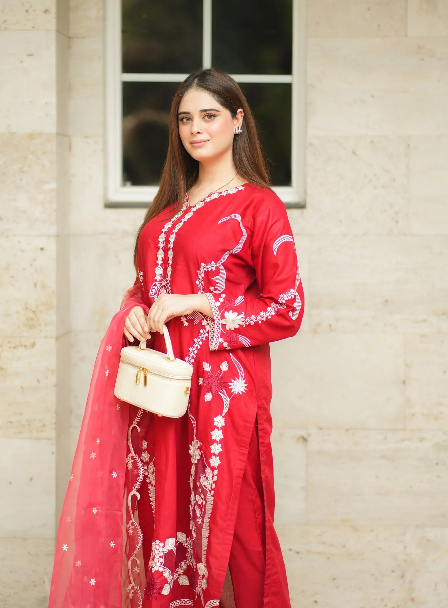 Red 3 Piece Suit Fabric: Premium Cotton ✨ Intricate Embroidery Work ✨ Long Graceful Shirt ✨