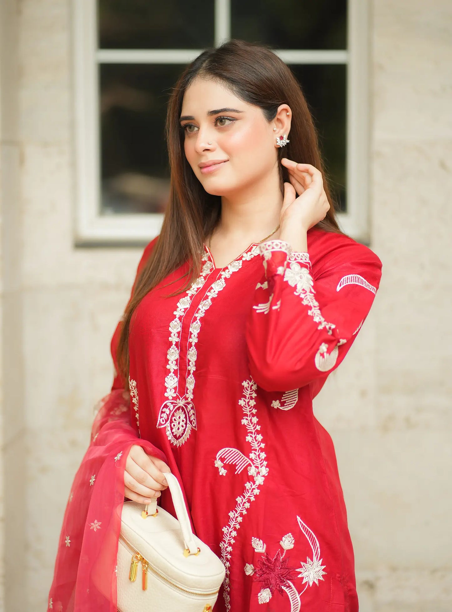 Red 3 Piece Suit Fabric: Premium Cotton ✨ Intricate Embroidery Work ✨ Long Graceful Shirt ✨
