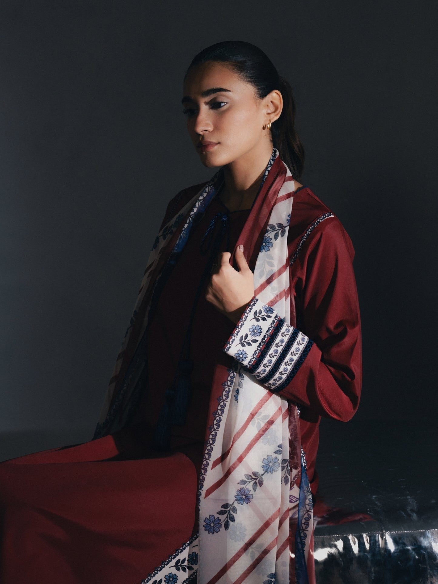 Maroon Bloom 3-Piece Printed Suit (Stitched)