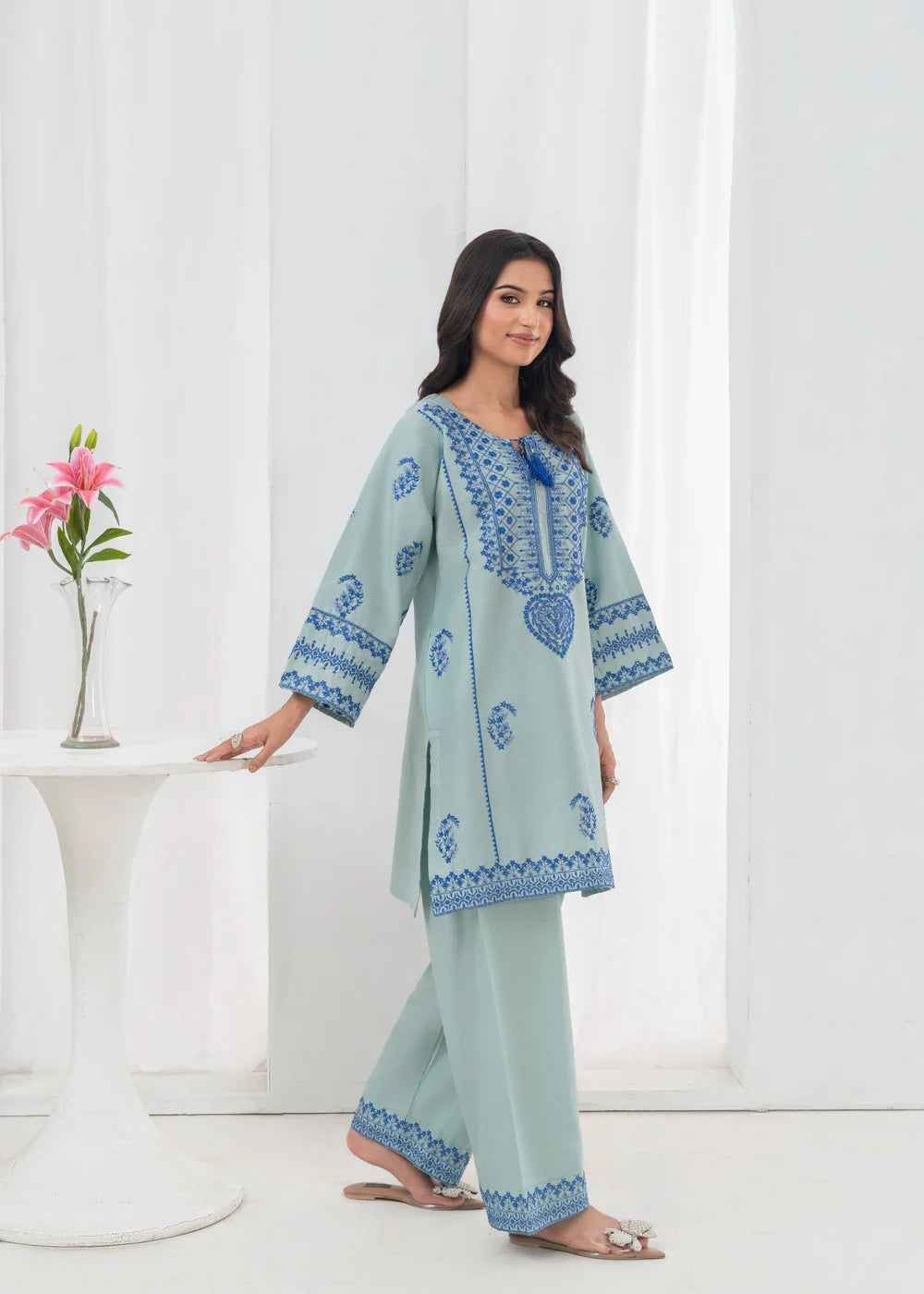 Pastel Green Embroidered 2-Piece Kurta Set with Farshi Shalwar