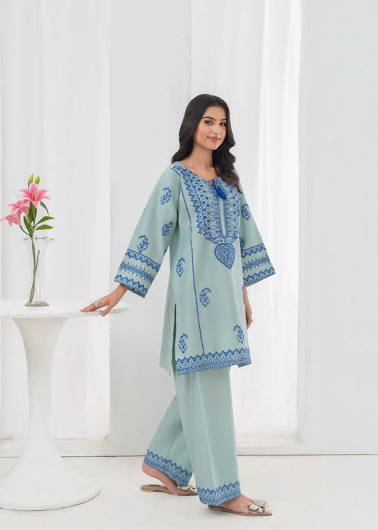Pastel Green Embroidered 2-Piece Kurta Set with Farshi Shalwar