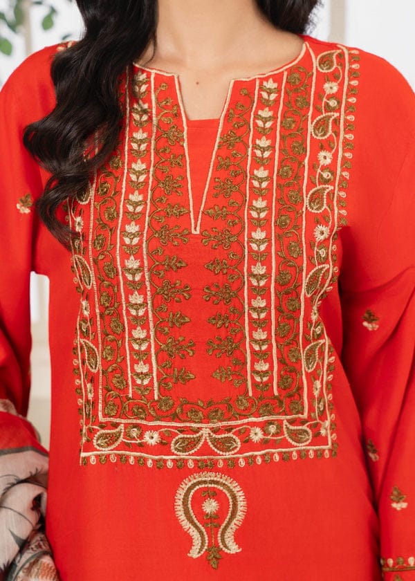 Red Embroidery Suit for Women – 3PC Linen Kurta Set