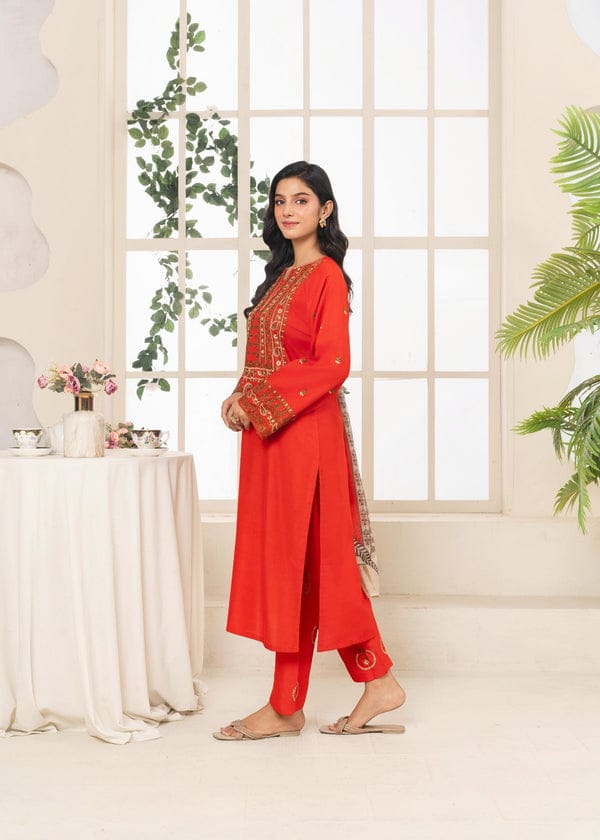 Red Embroidery Suit for Women – 3PC Linen Kurta Set