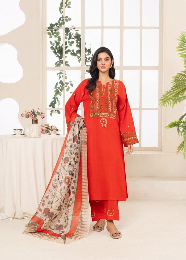 Red Embroidery Suit for Women – 3PC Linen Kurta Set