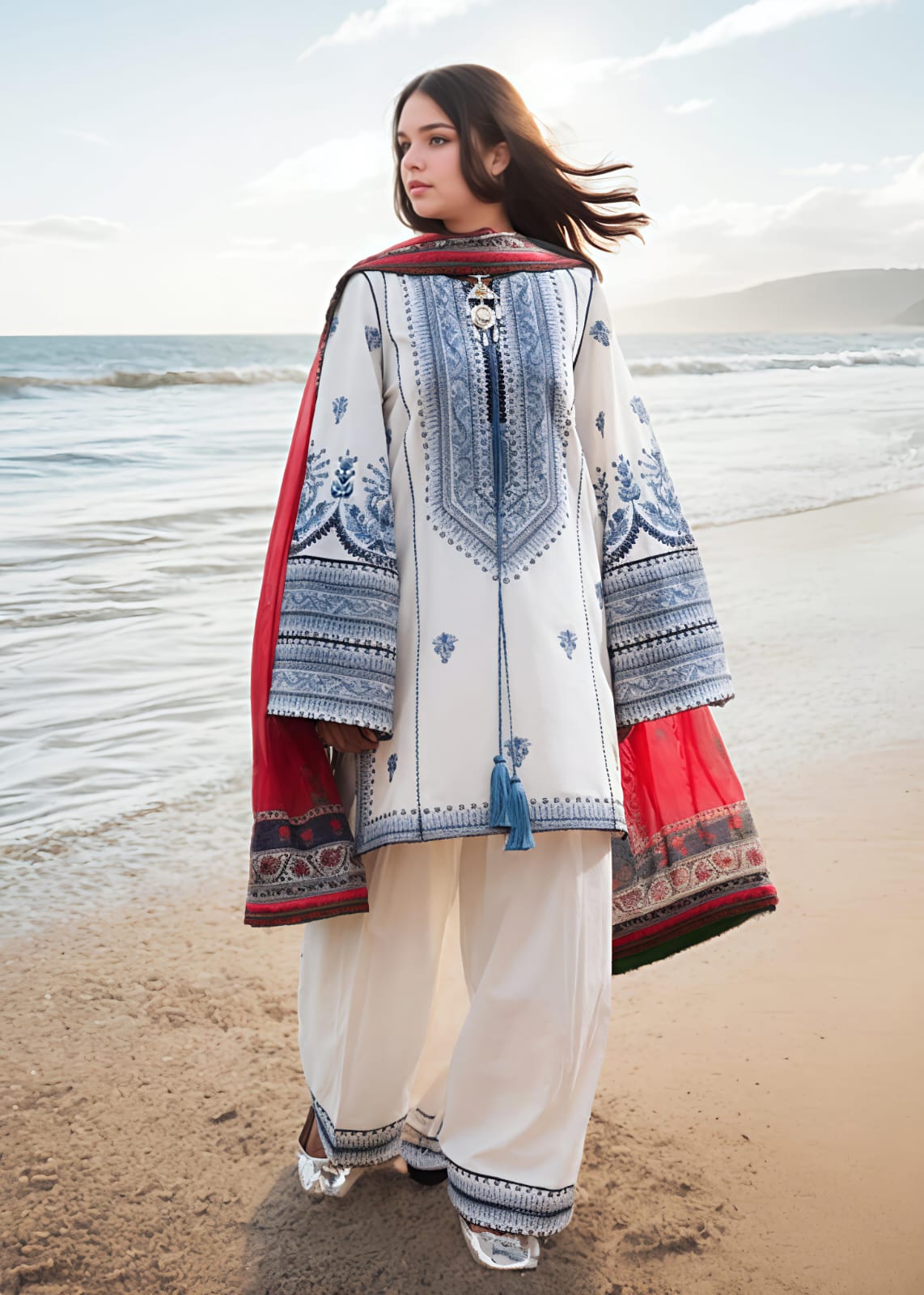 White Lawn Cotton Embroidered Kurta Set with Plazzo – Women