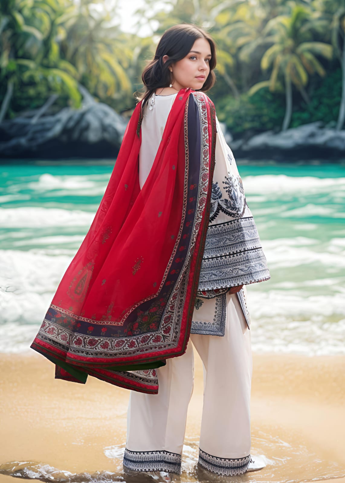 White Lawn Cotton Embroidered Kurta Set with Plazzo – Women