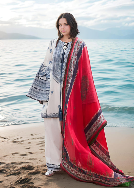 White Lawn Cotton Embroidered Kurta Set with Plazzo – Women