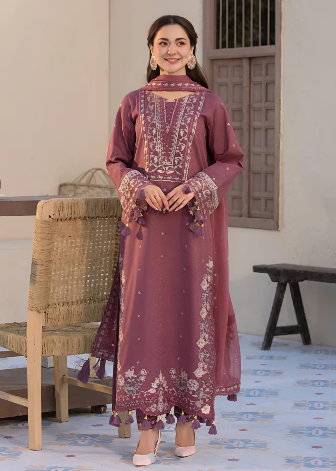 Zinnia Pink Embroidered 3-Piece Cotton Kurta Set with Chiffon Dupatta