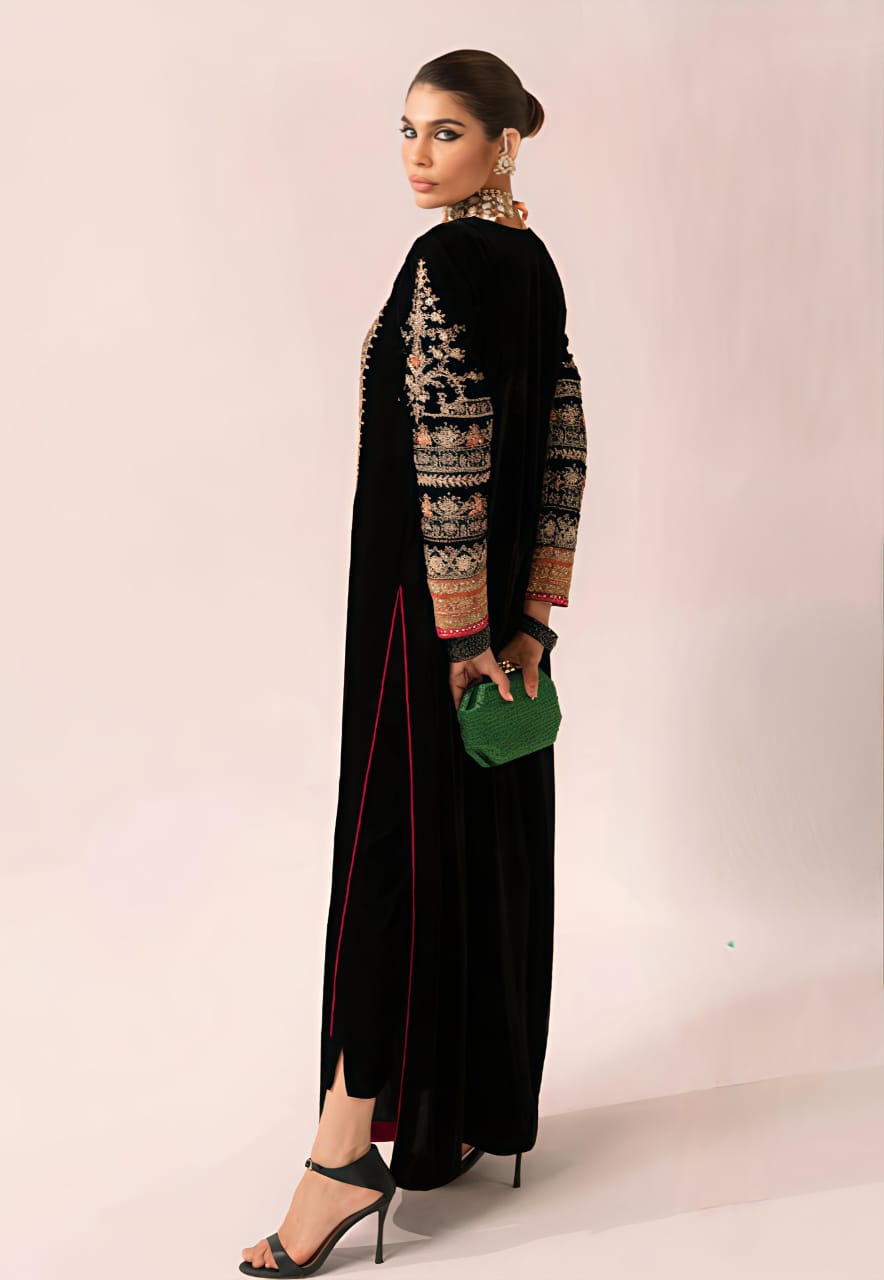 Velvet Embroidered Kaftan Long Shirt 3 Piece SS New Arrival