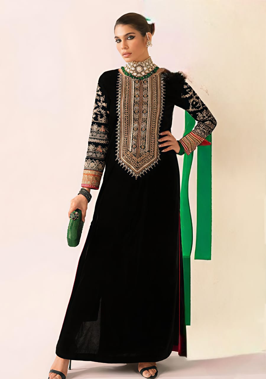 Velvet Embroidered Kaftan Long Shirt 3 Piece SS New Arrival
