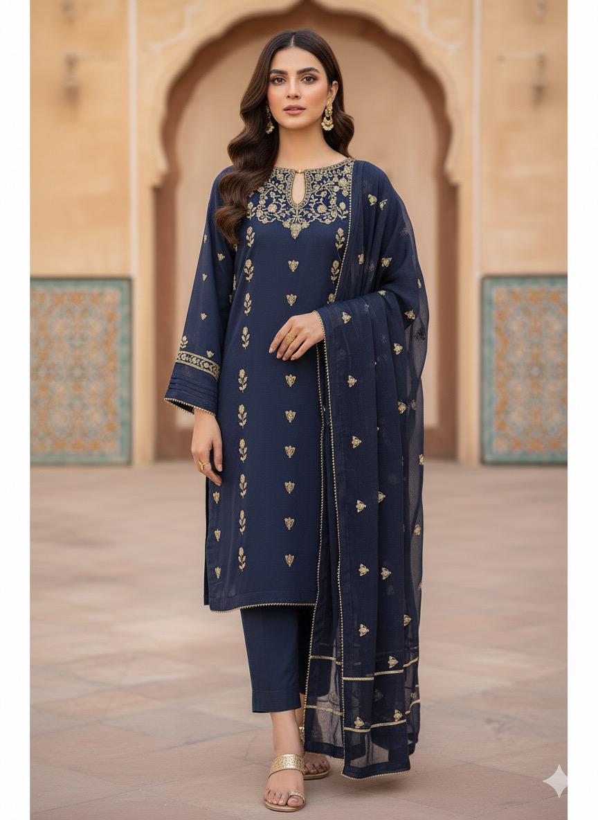 Pure Bamber Chiffon 3PC Embroidered Suit  SS