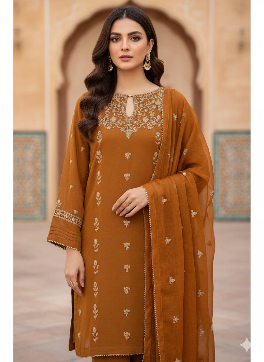 Pure Bamber Chiffon 3PC Embroidered Suit  SS