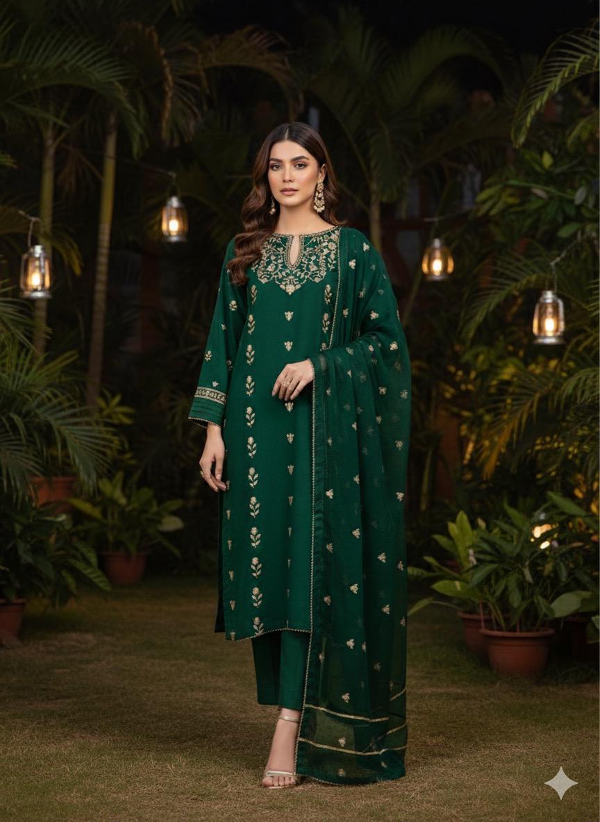 Pure Bamber Chiffon 3PC Embroidered Suit  SS