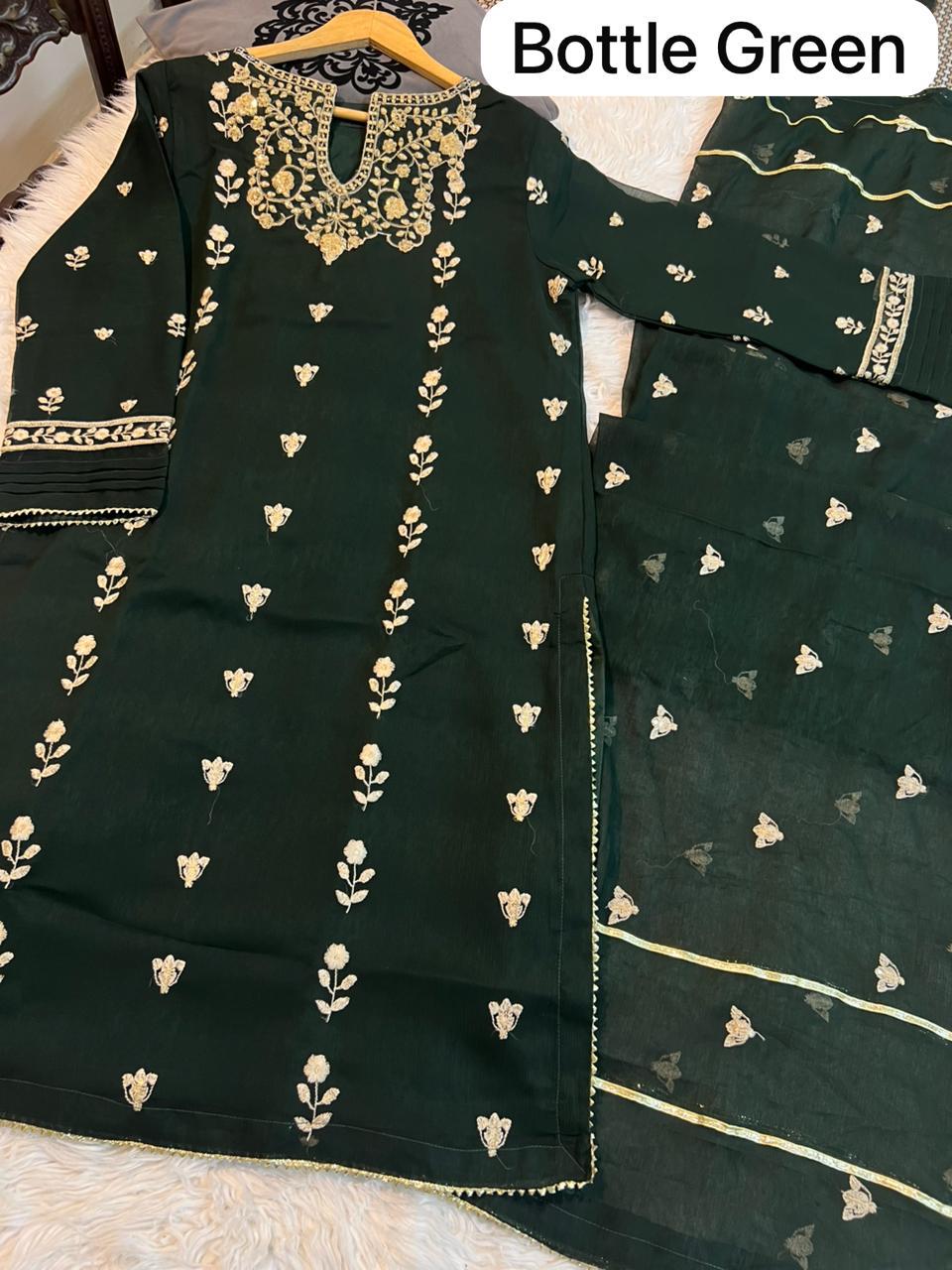 Pure Bamber Chiffon 3PC Embroidered Suit  SS