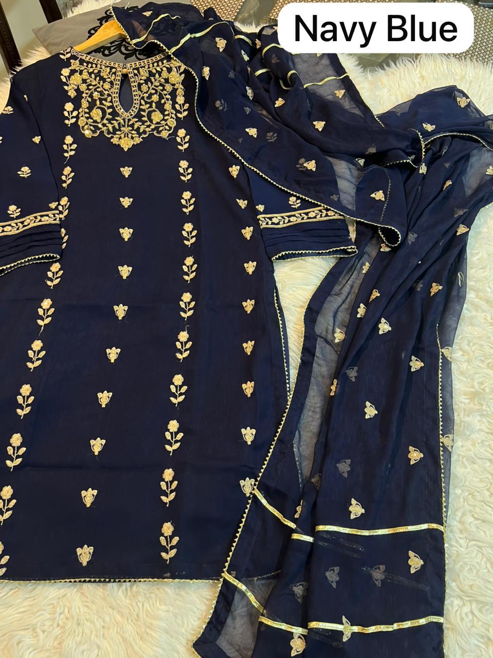 Pure Bamber Chiffon 3PC Embroidered Suit  SS