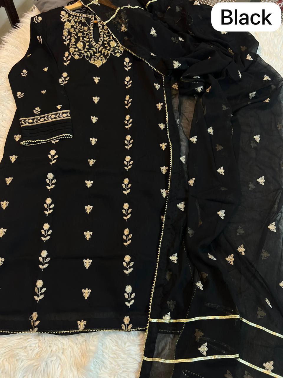 Pure Bamber Chiffon 3PC Embroidered Suit  SS