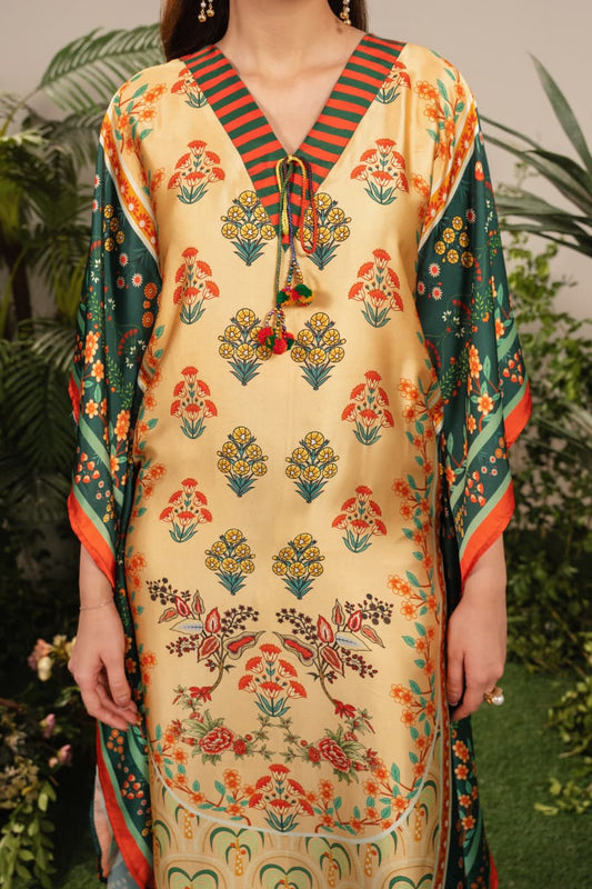 Luxury Printed Kaftan for Women – Soft Silk Feel, Elegant Floral Design, Festive & Casual Wear PL