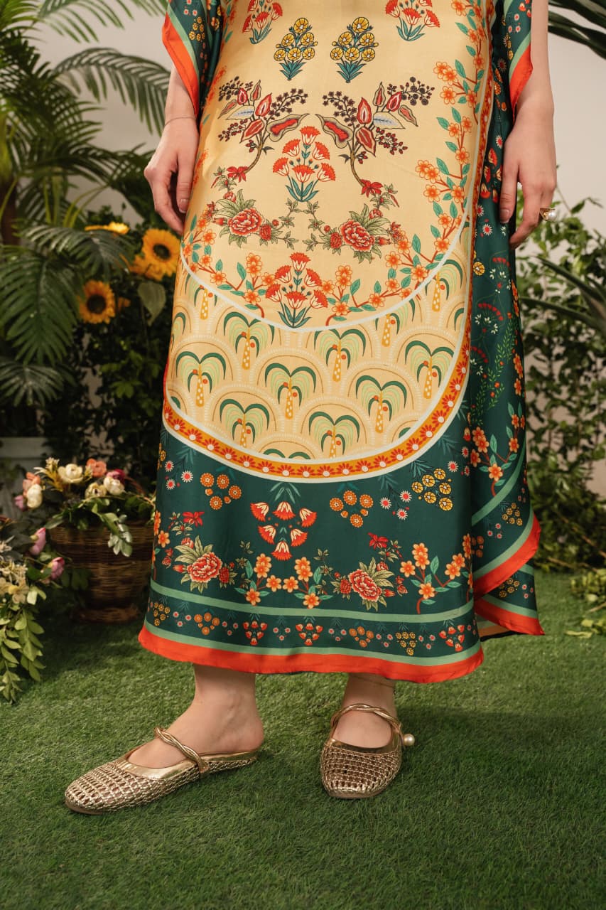 Luxury Printed Kaftan for Women – Soft Silk Feel, Elegant Floral Design, Festive & Casual Wear PL