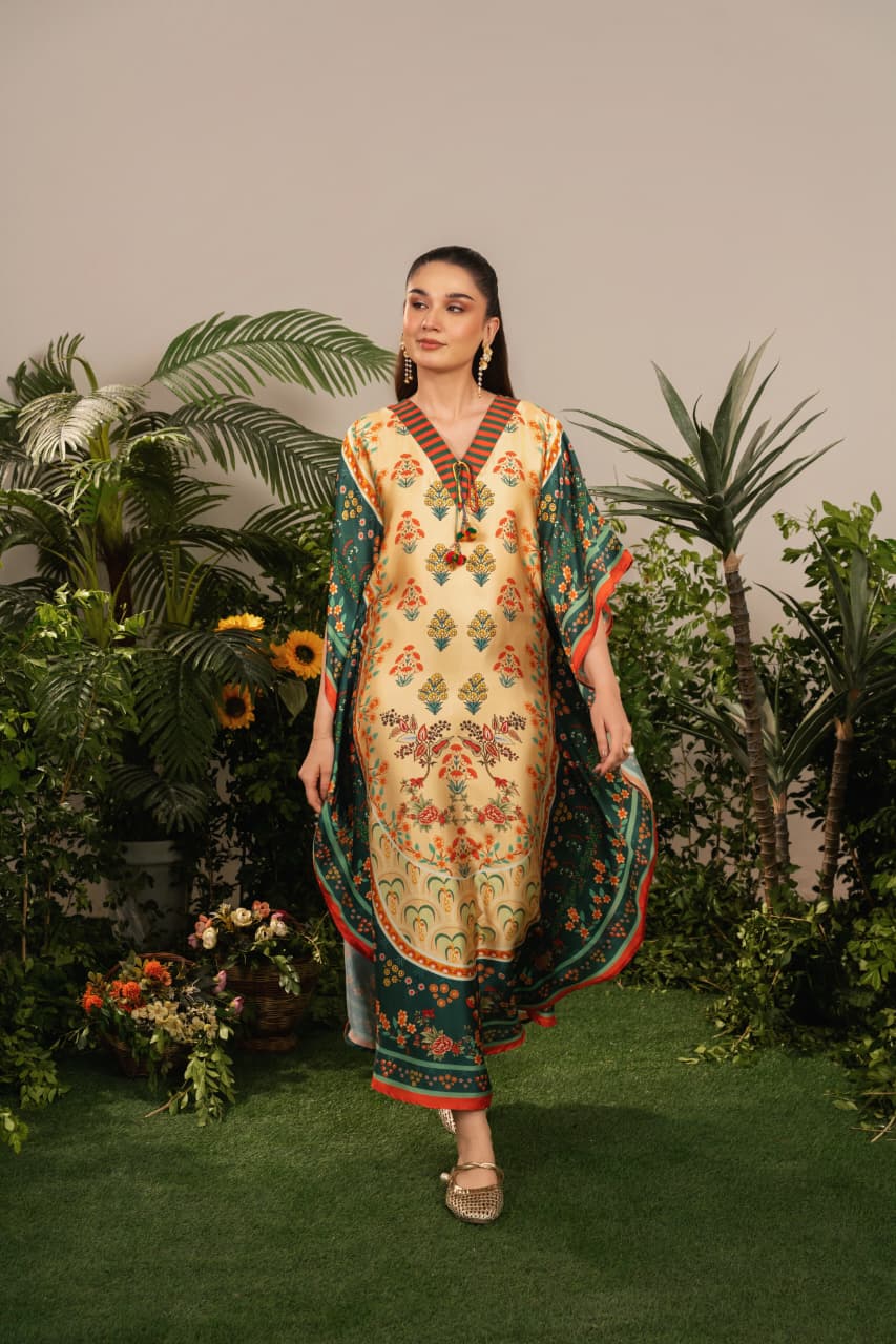 Luxury Printed Kaftan for Women – Soft Silk Feel, Elegant Floral Design, Festive & Casual Wear PL