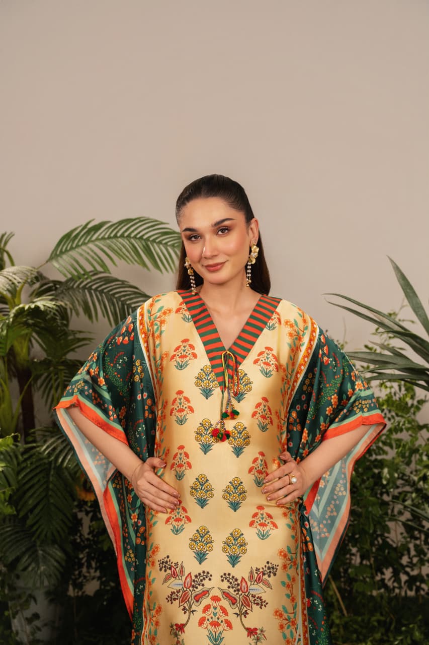Luxury Printed Kaftan for Women – Soft Silk Feel, Elegant Floral Design, Festive & Casual Wear PL