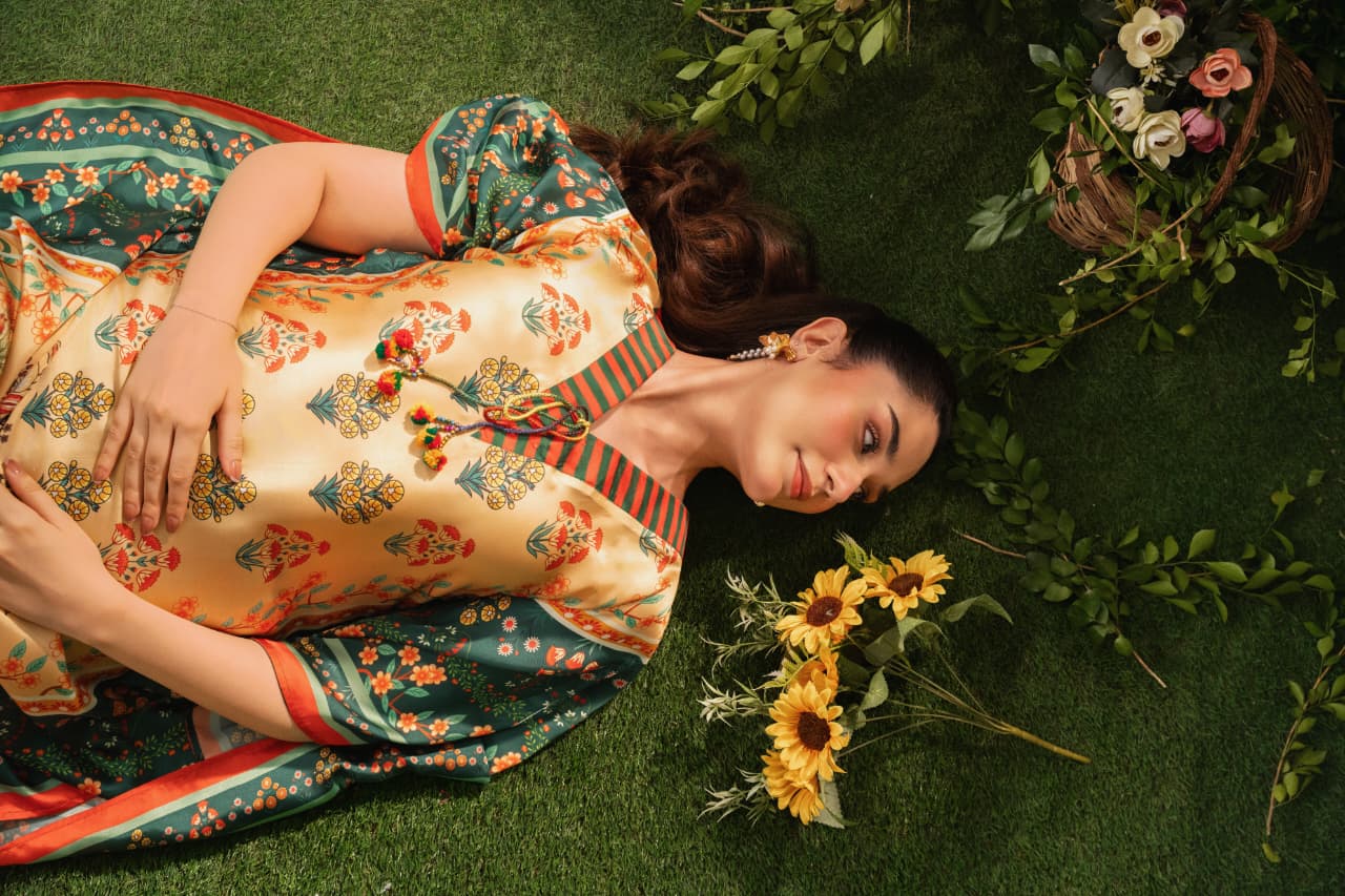 Luxury Printed Kaftan for Women – Soft Silk Feel, Elegant Floral Design, Festive & Casual Wear PL