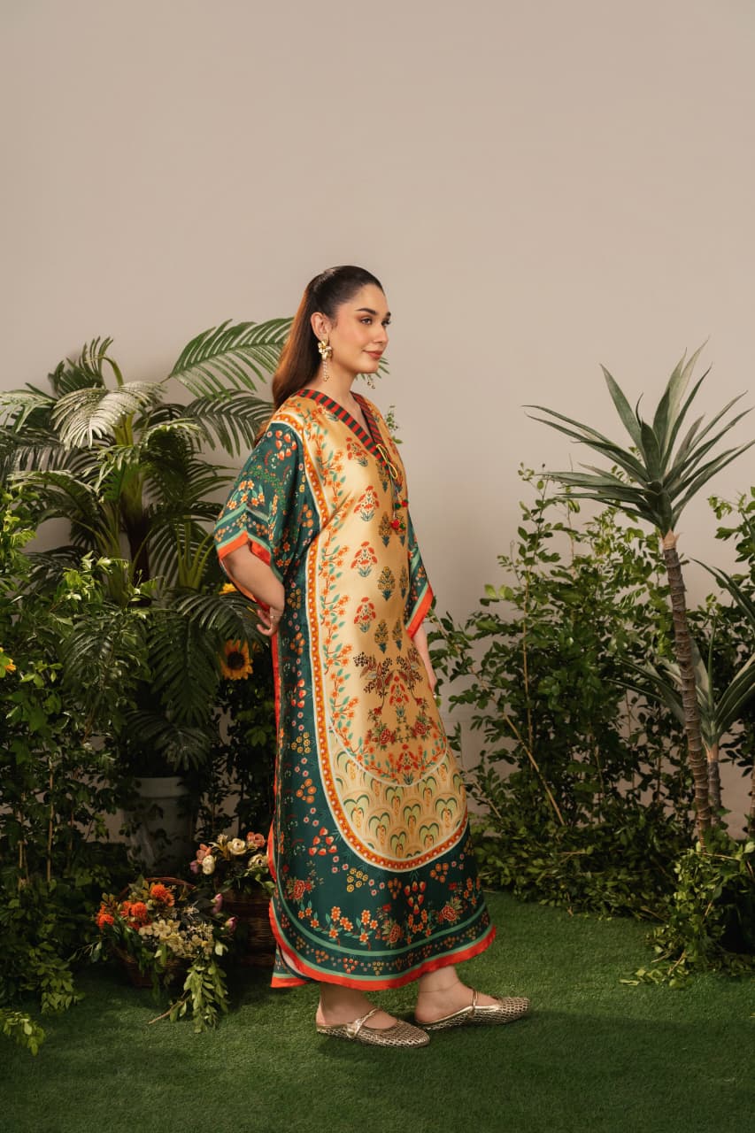 Luxury Printed Kaftan for Women – Soft Silk Feel, Elegant Floral Design, Festive & Casual Wear PL