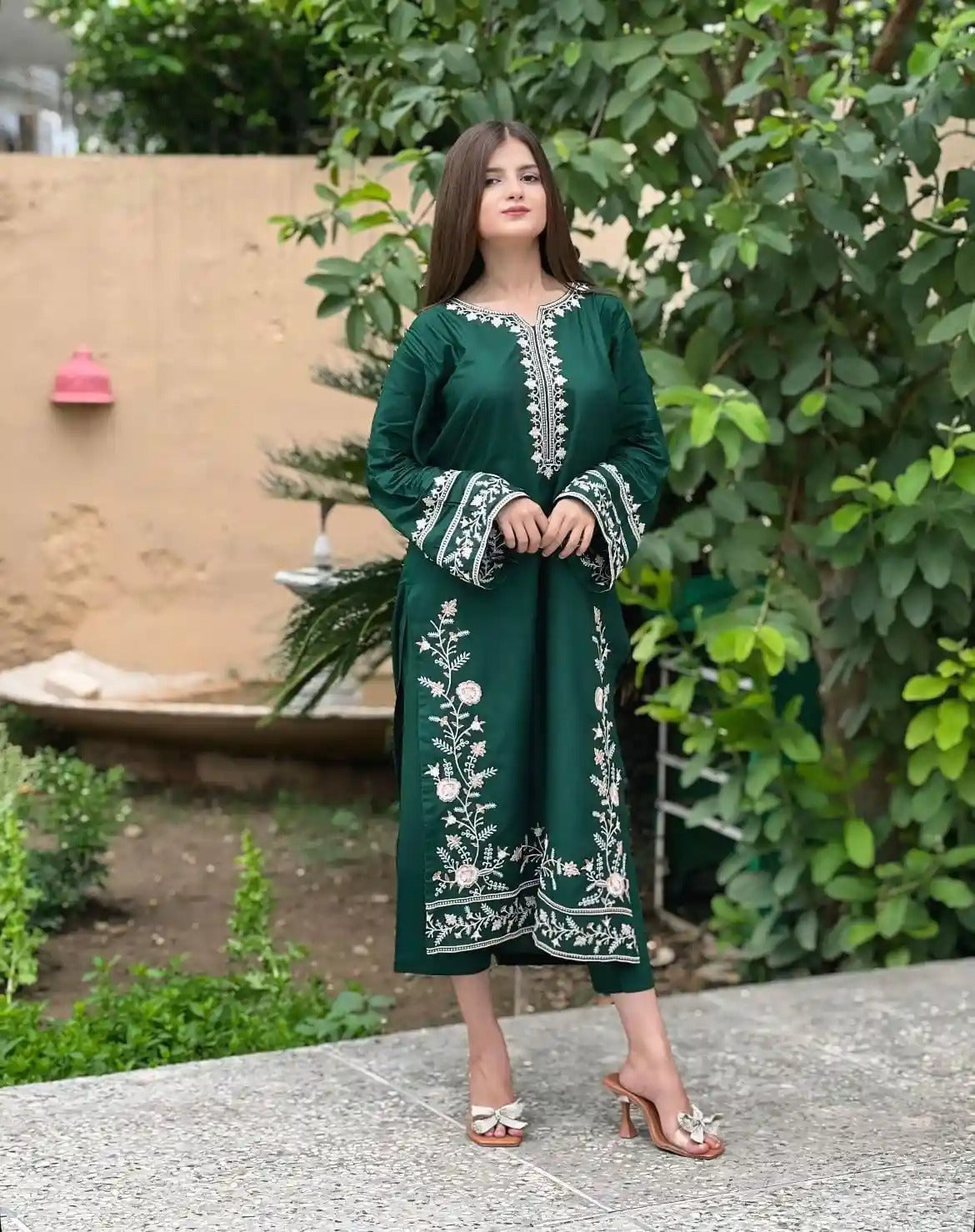 GREEN EMBROIDERY LONG LENGHT 2 PIECE DRESS AD
