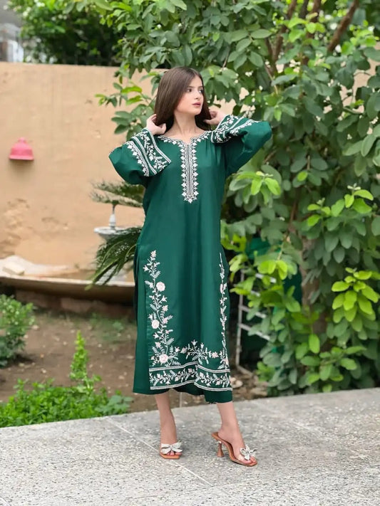 GREEN EMBROIDERY LONG LENGHT 2 PIECE DRESS AD