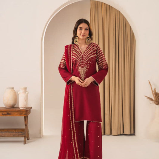 Luxury Maroon 3-Piece Suit with Peacock Embroidery PL