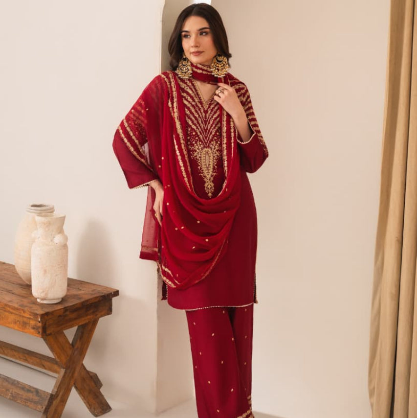 Luxury Maroon 3-Piece Suit with Peacock Embroidery PL