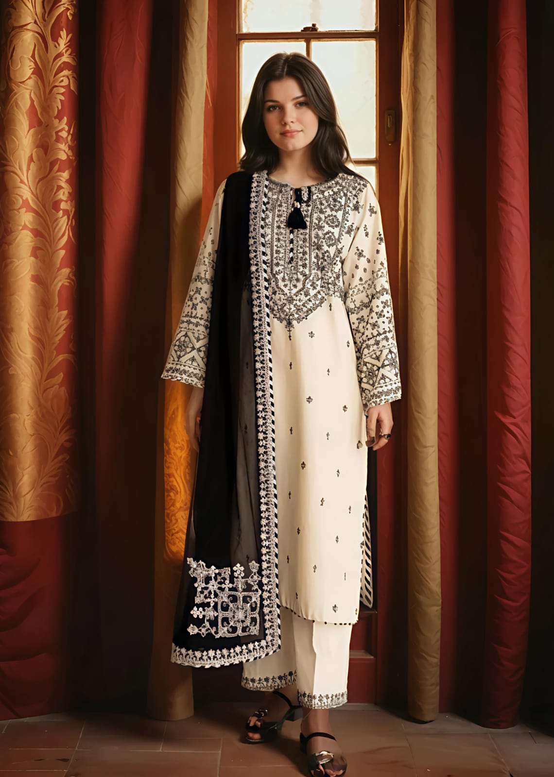 Cream Embroidered 3 Piece Cotton Kurta Set for Women