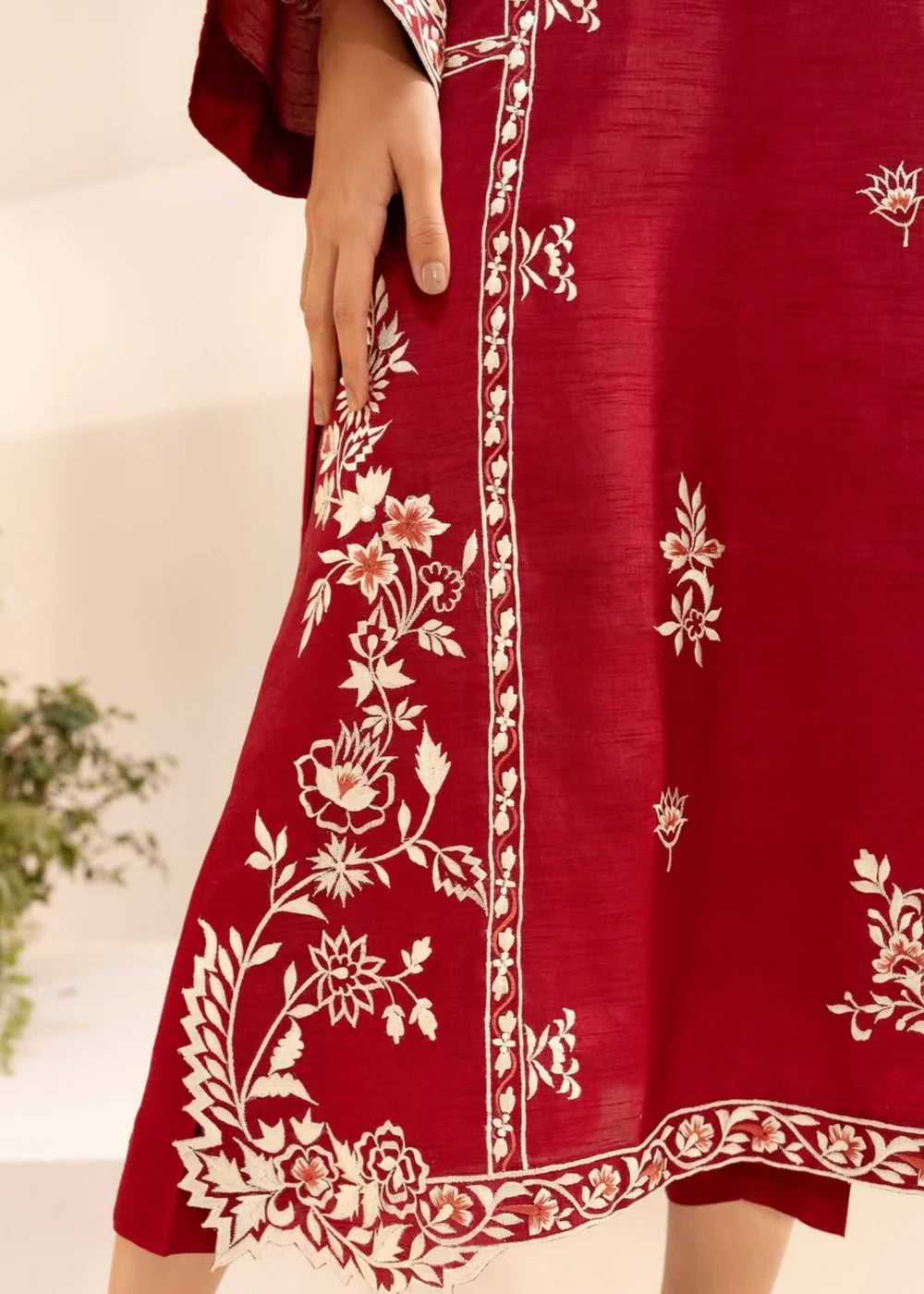 Women’s Red Embroidered Cotton Kurta Set with Straight Trouser